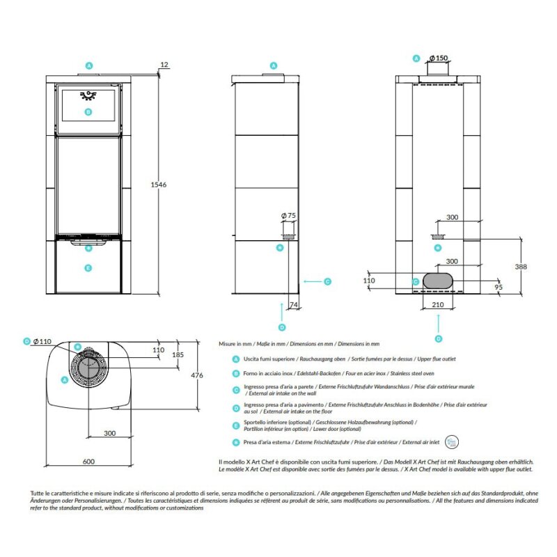 Kaminofen Rizzoli - Serie X Art - Chef - 7,7 kW - Keramikverkleidung