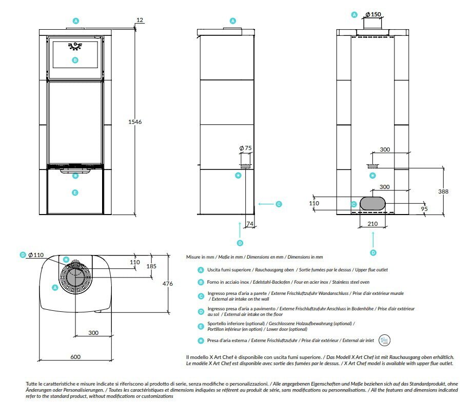 Kaminofen Rizzoli - Serie X Art - Chef - 7,7 kW - Keramikverkleidung