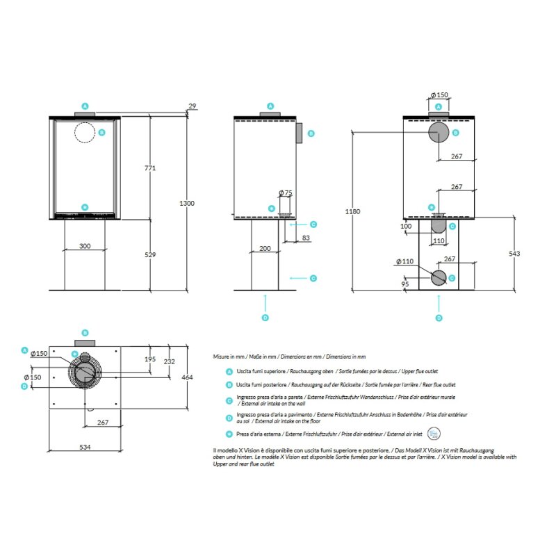Kaminofen Rizzoli - Serie X - Vision - 7,7 kW - Schwarz lackiert