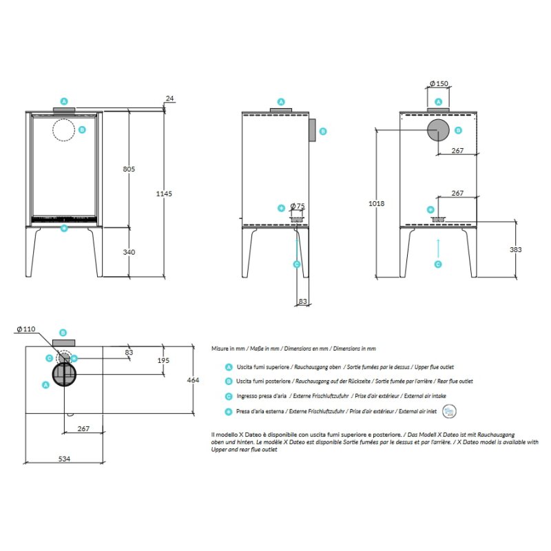 Kaminofen Rizzoli - Serie X - Dateo - 7,7 kW - Schwarz lackiert