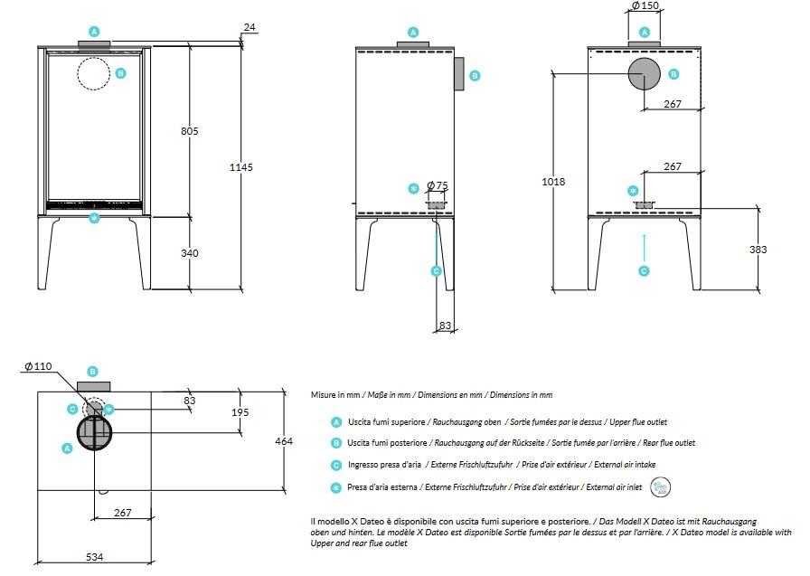 Kaminofen Rizzoli - Serie X - Dateo - 7,7 kW - Schwarz lackiert