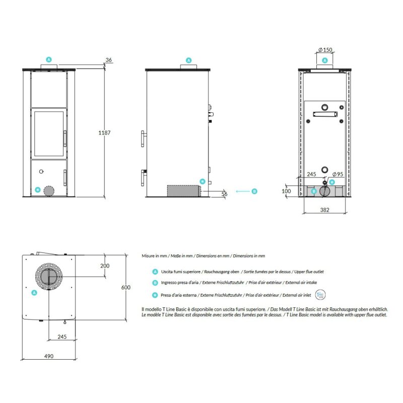 Kaminofen wassergeführt Rizzoli - Serie T Line - Basic - 9,1 kW - Schwarz lackiert