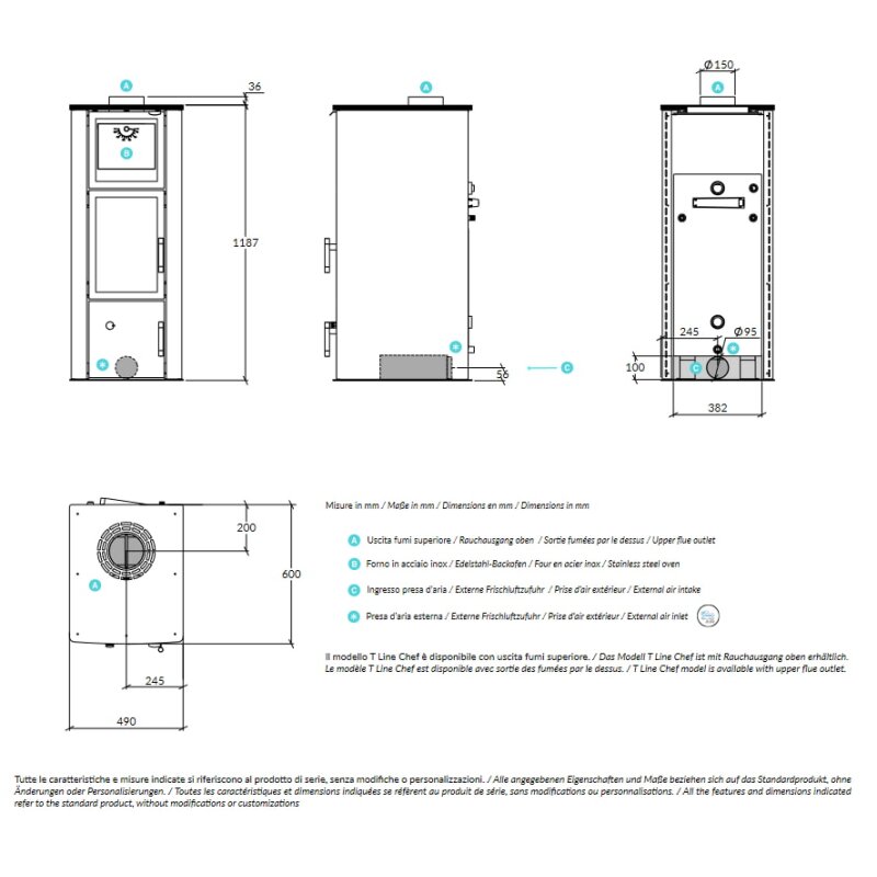 Kaminofen wassergeführt Rizzoli - Serie T Line - Chef - 9,1 kW - Schwarz lackiert