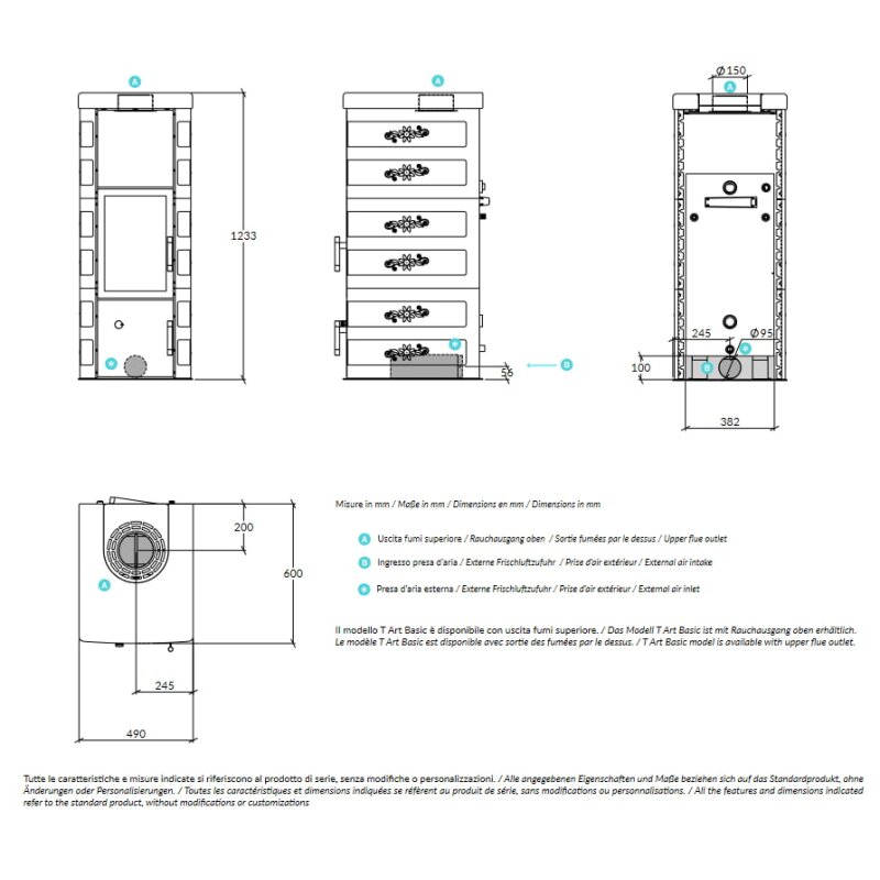 Kaminofen wassergeführt Rizzoli - Serie T Art - Basic - 9,1 kW - Keramikverkleidung