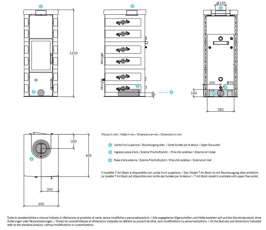 Kaminofen wassergeführt Rizzoli - Serie T Art - Basic - 9,1 kW - Keramikverkleidung