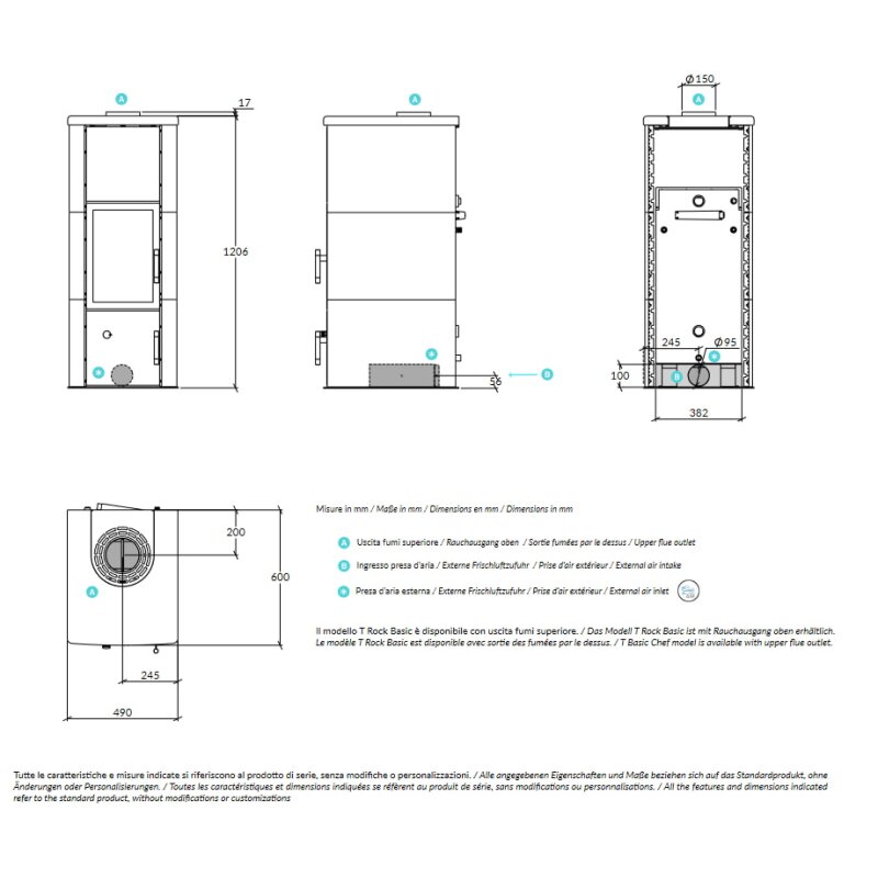 Kaminofen wassergeführt Rizzoli - Serie T Rock - Basic - 9,1 kW - Speckstein