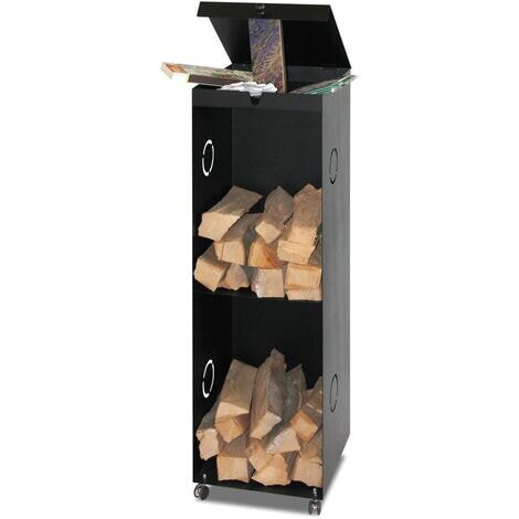 Kaminholzregal auf Rollen, schwarz beschichtet mit Ablagefach