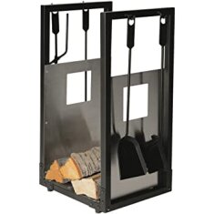 Holzkorb mit Kaminbesteck - schwarz beschichtet mit...