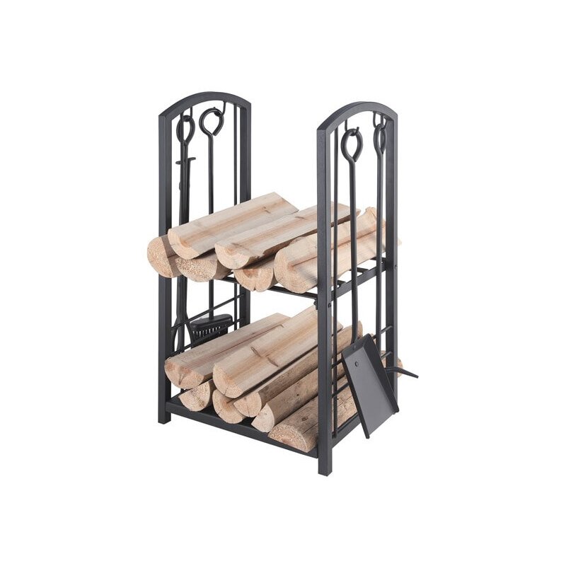 Holzkorb mit Kaminbesteck - schwarz