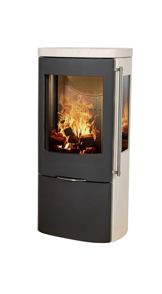 Eckiger Kaminofen Jydepejsen Senza Speckstein mit Seitenscheiben, grau-schwarz