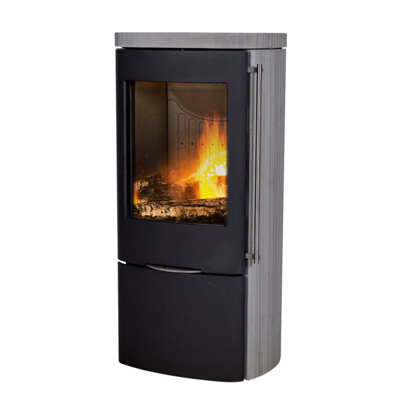 Eckiger Kaminofen Jydepejsen Senza Speckstein, grau-schwarz, das Sichtfenster ist nur in der Front