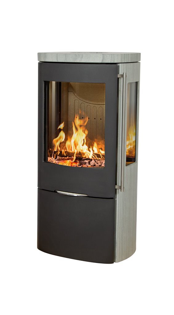 Eckiger Kaminofen Jydepejsen Senza Speckstein mit Seitenscheiben, grau-schwarz