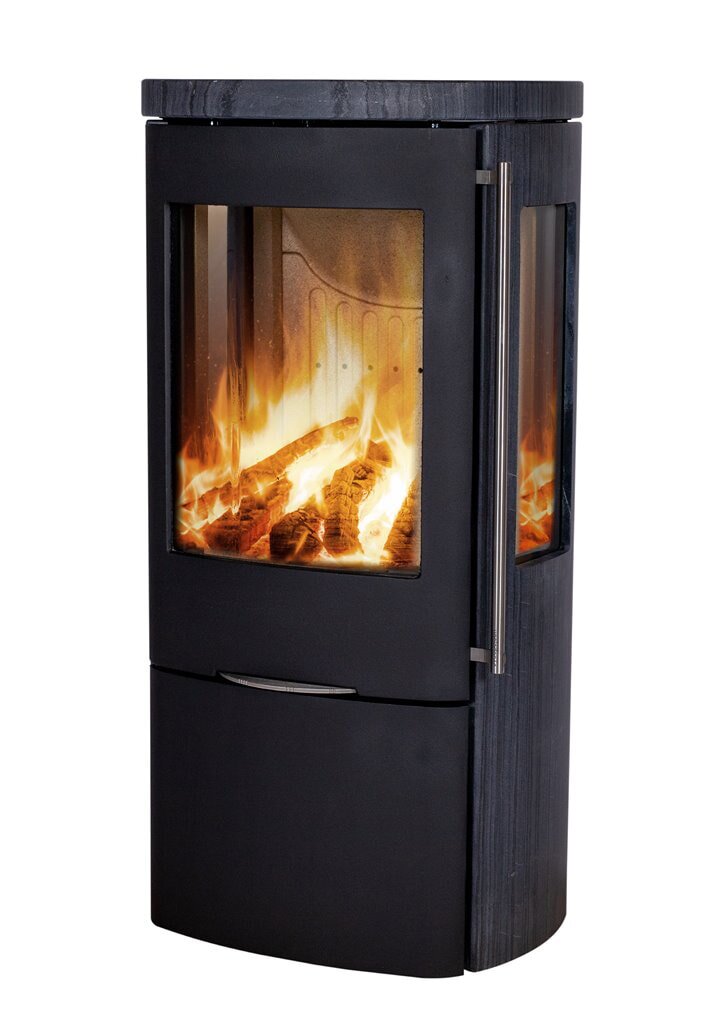 Eckiger Kaminofen Jydepejsen Senza Speckstein mit Seitenscheiben, grau-schwarz