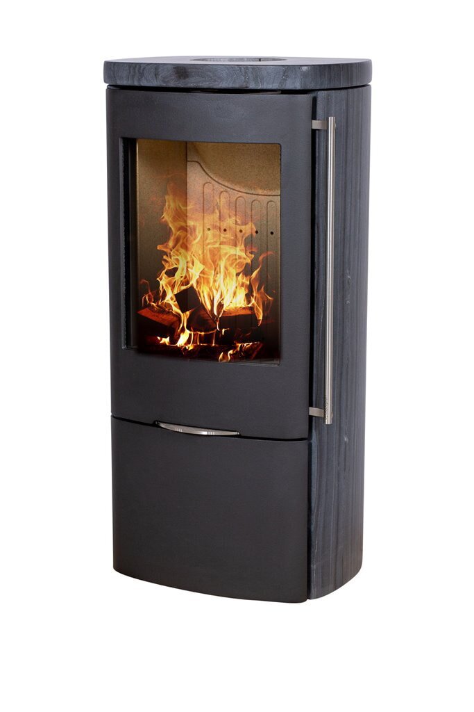 Eckiger Kaminofen Jydepejsen Senza Speckstein, grau-schwarz, das Sichtfenster ist nur in der Front