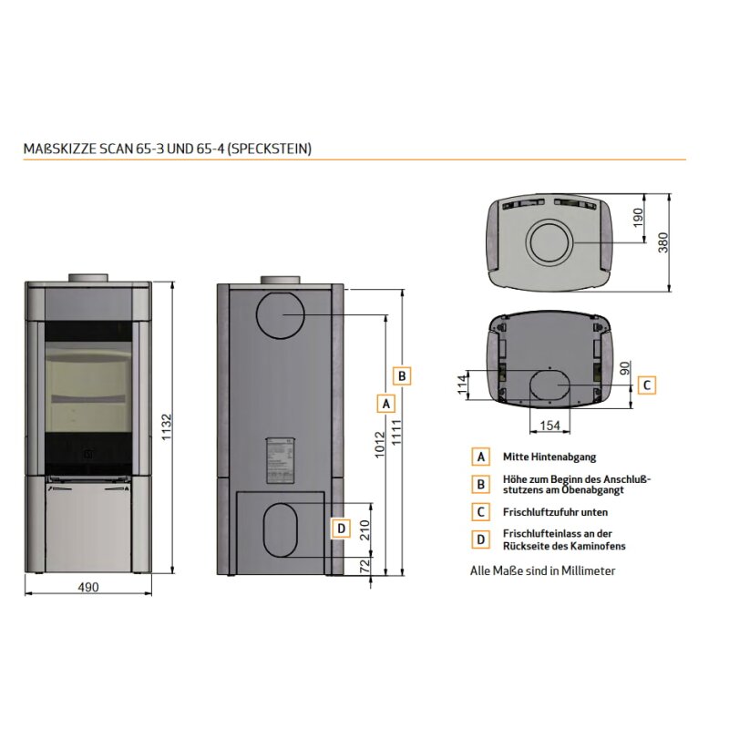 Kaminofen SCAN 65-3 Speckstein ohne Seitenfenster - 6 kW - Schwarz