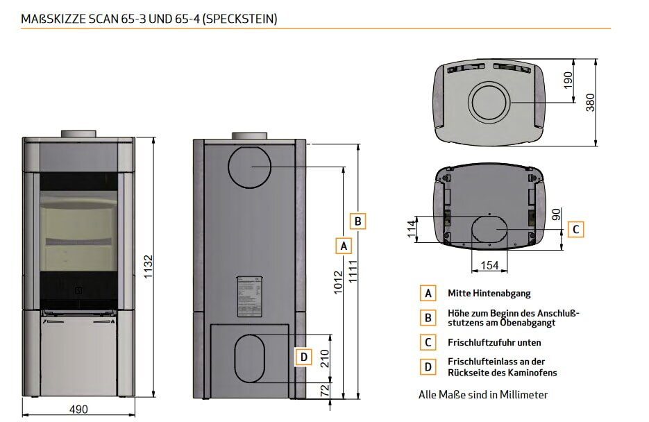 Kaminofen SCAN 65-3 Speckstein ohne Seitenfenster - 6 kW - Schwarz
