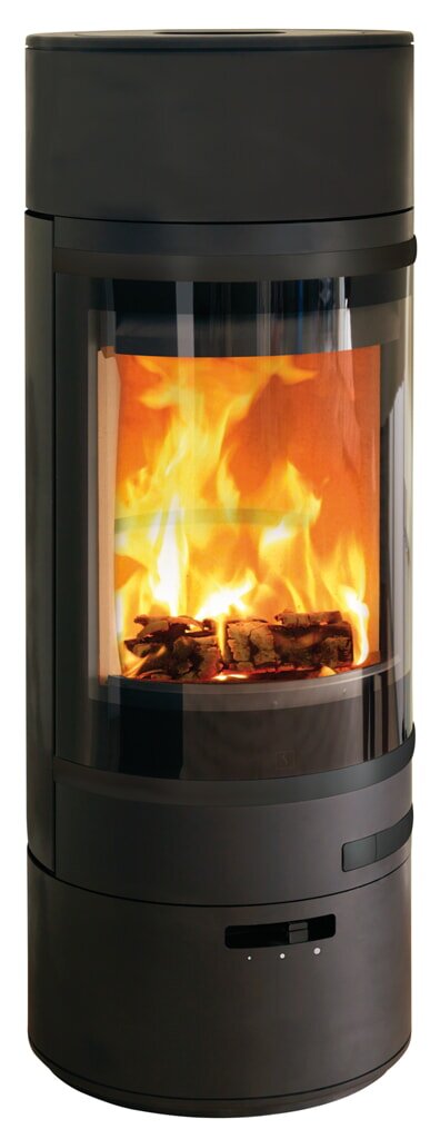 Kaminofen SCAN 85-1 mit niedrigem Sockel und niedrigen Top, Griffe und Leisten schwarz - 8 kW