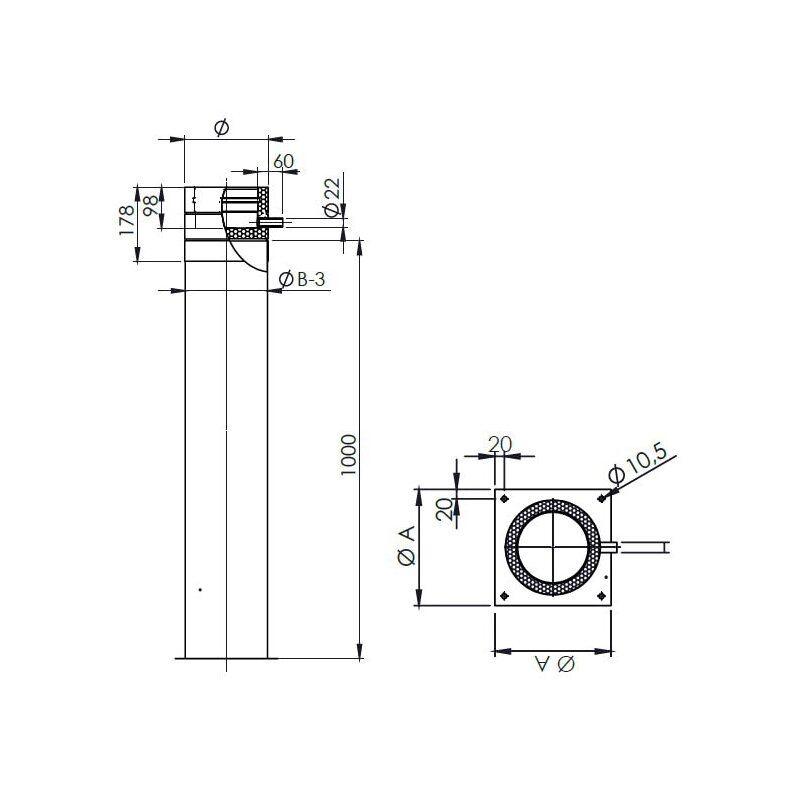 Teleskopstütze 190-1130mm inkl. Teleskopkopf m. Kondensatablauf seitl. und 1/2" Nippel - Ø 150 mm