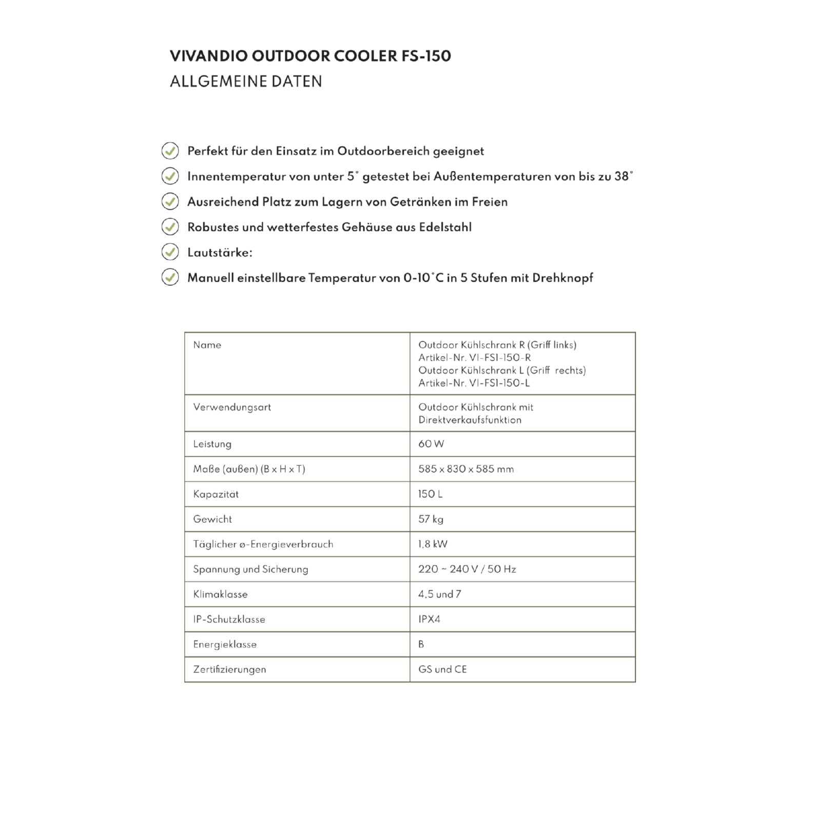 Vivandio Outdoor Kühlschrank FS-150 - 150 Liter