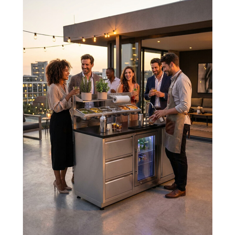 Vivandio quub Cocktailstation mit Kühlschrank und Spüle, Silber