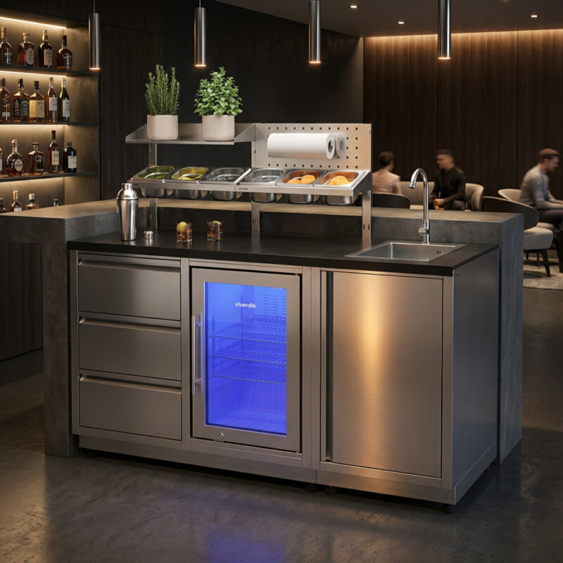 Vivandio quub Cocktailstation mit Kühlschrank und Spüle, Silber