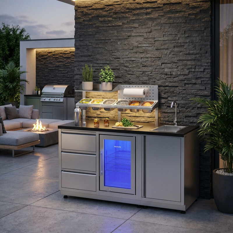 Vivandio quub Cocktailstation mit Kühlschrank und Spüle, Silber