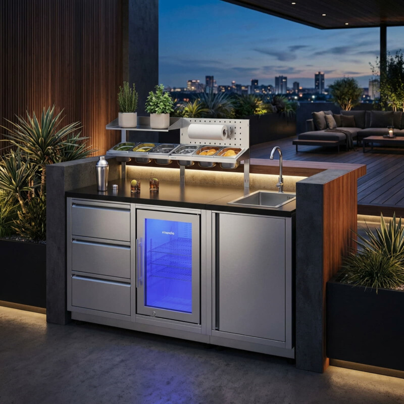 Vivandio quub Cocktailstation mit Kühlschrank und Spüle, Silber