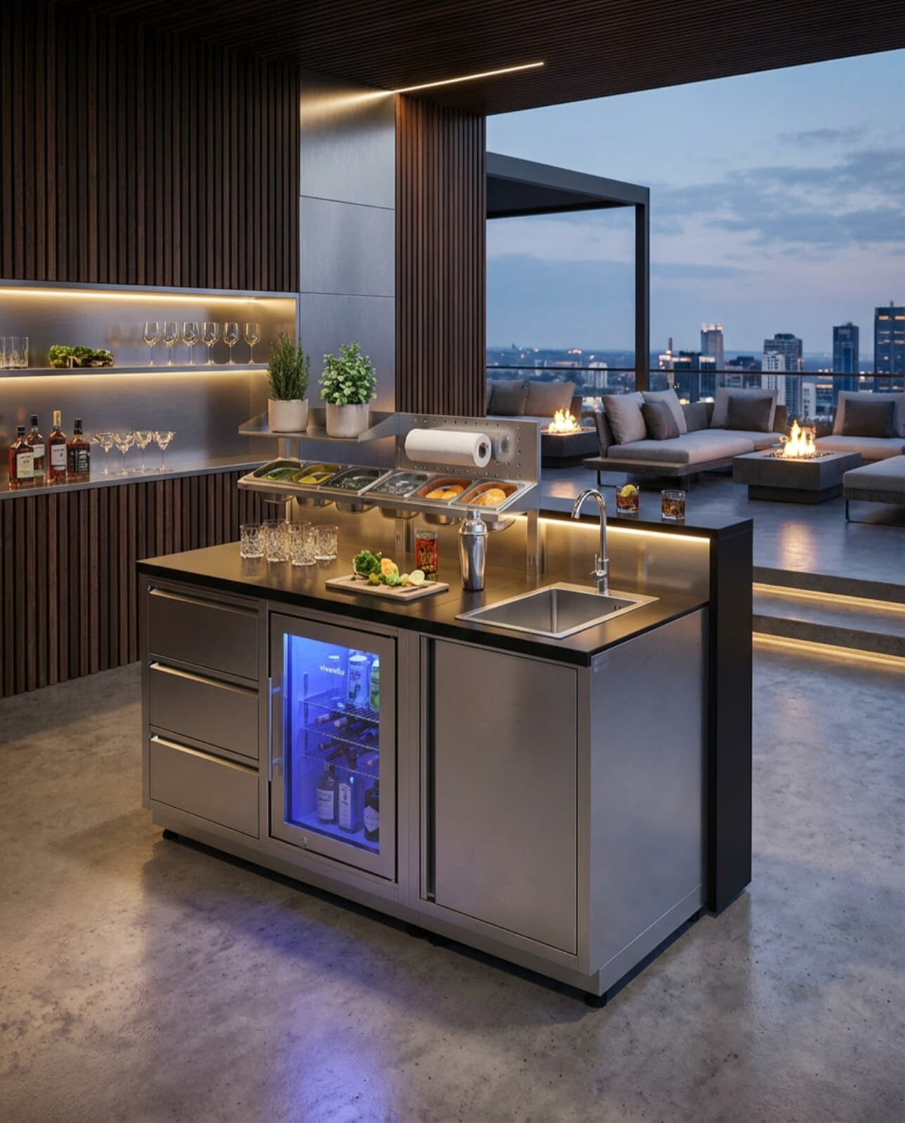 Vivandio quub Cocktailstation mit Kühlschrank und Spüle, Silber