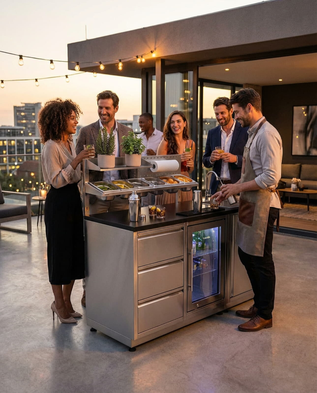 Vivandio quub Cocktailstation mit Kühlschrank und Spüle, Silber