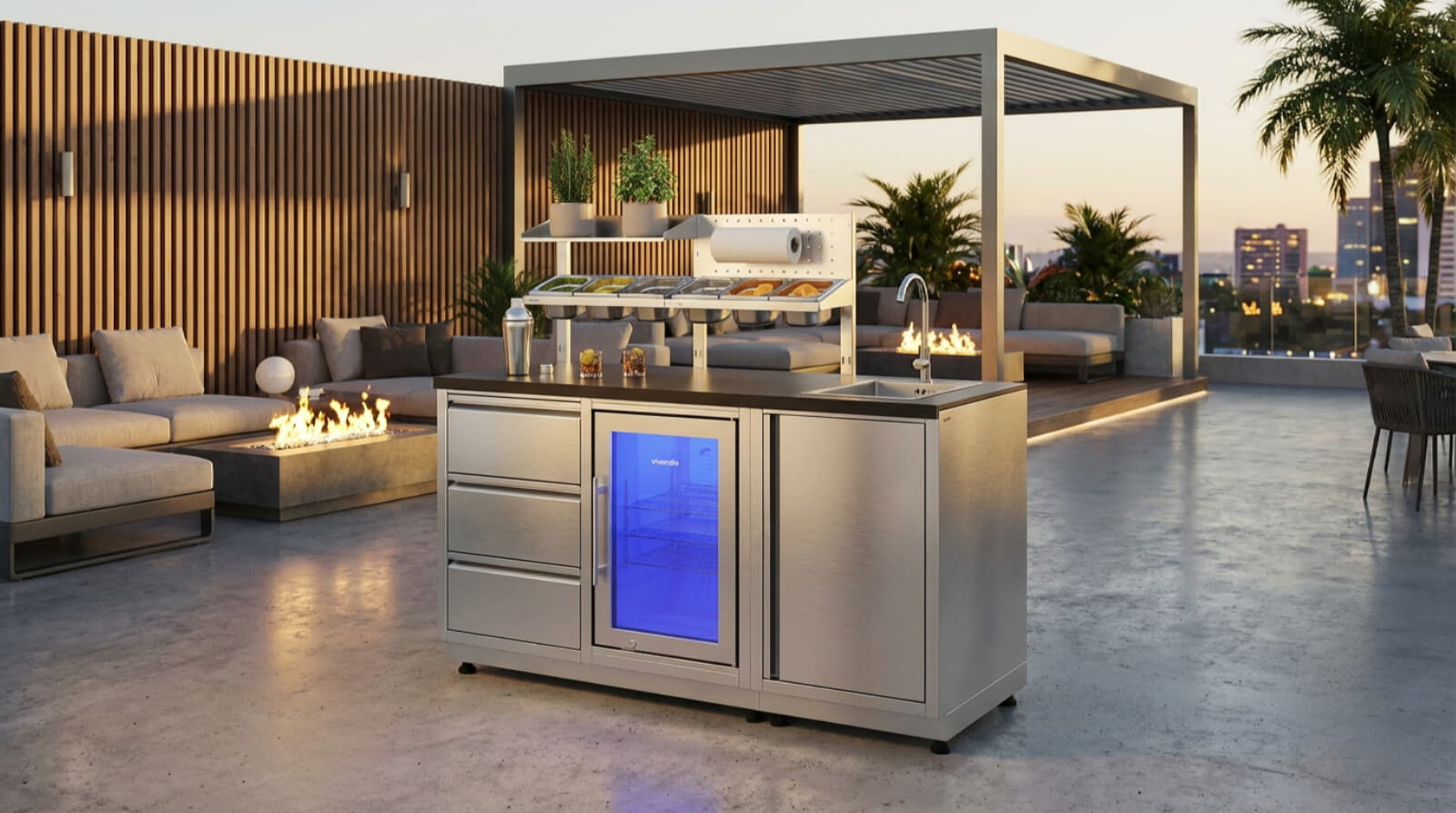 Vivandio quub Cocktailstation mit Kühlschrank und Spüle, Silber
