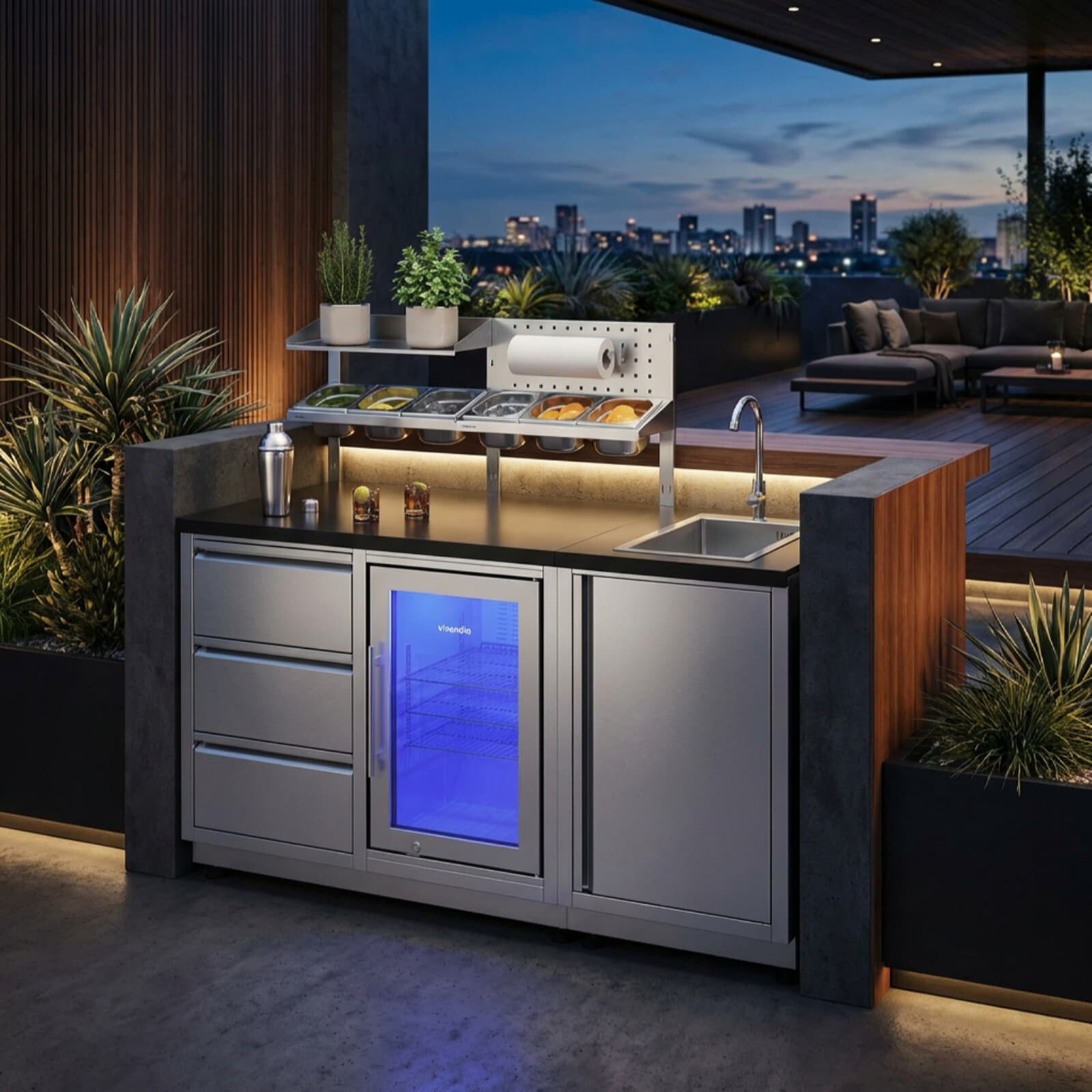 Vivandio quub Cocktailstation mit Kühlschrank und Spüle, Silber