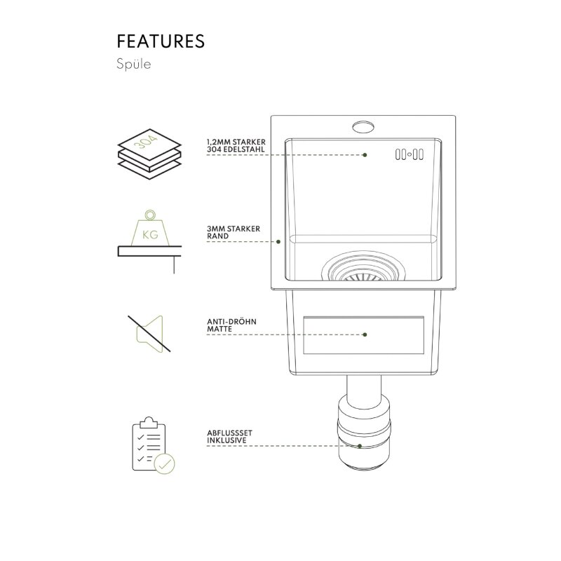 Vivandio Outdoor Spüle L mit Kalt- und Warmwasserarmatur (483 x 210 x 450 mm)