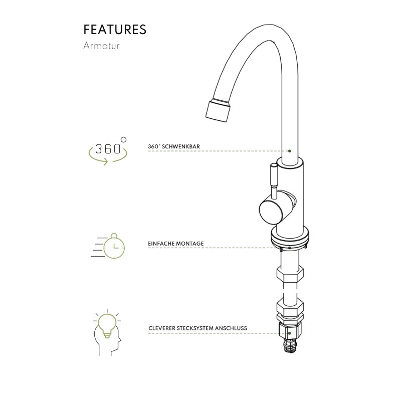Vivandio Outdoor Spüle L mit Kalt- und Warmwasserarmatur (483 x 210 x 450 mm)