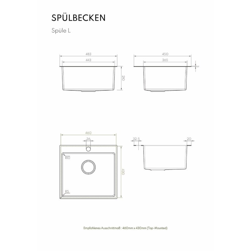 Vivandio Outdoor Spüle L mit Kalt- und Warmwasserarmatur (483 x 210 x 450 mm)