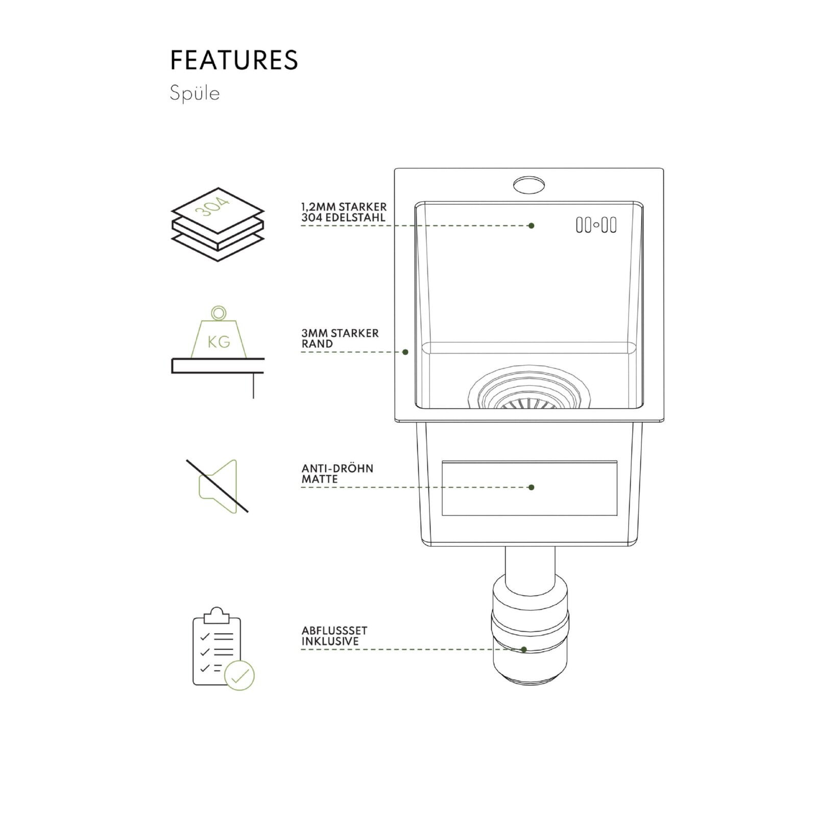 Vivandio Outdoor Spüle L mit Kalt- und Warmwasserarmatur (483 x 210 x 450 mm)