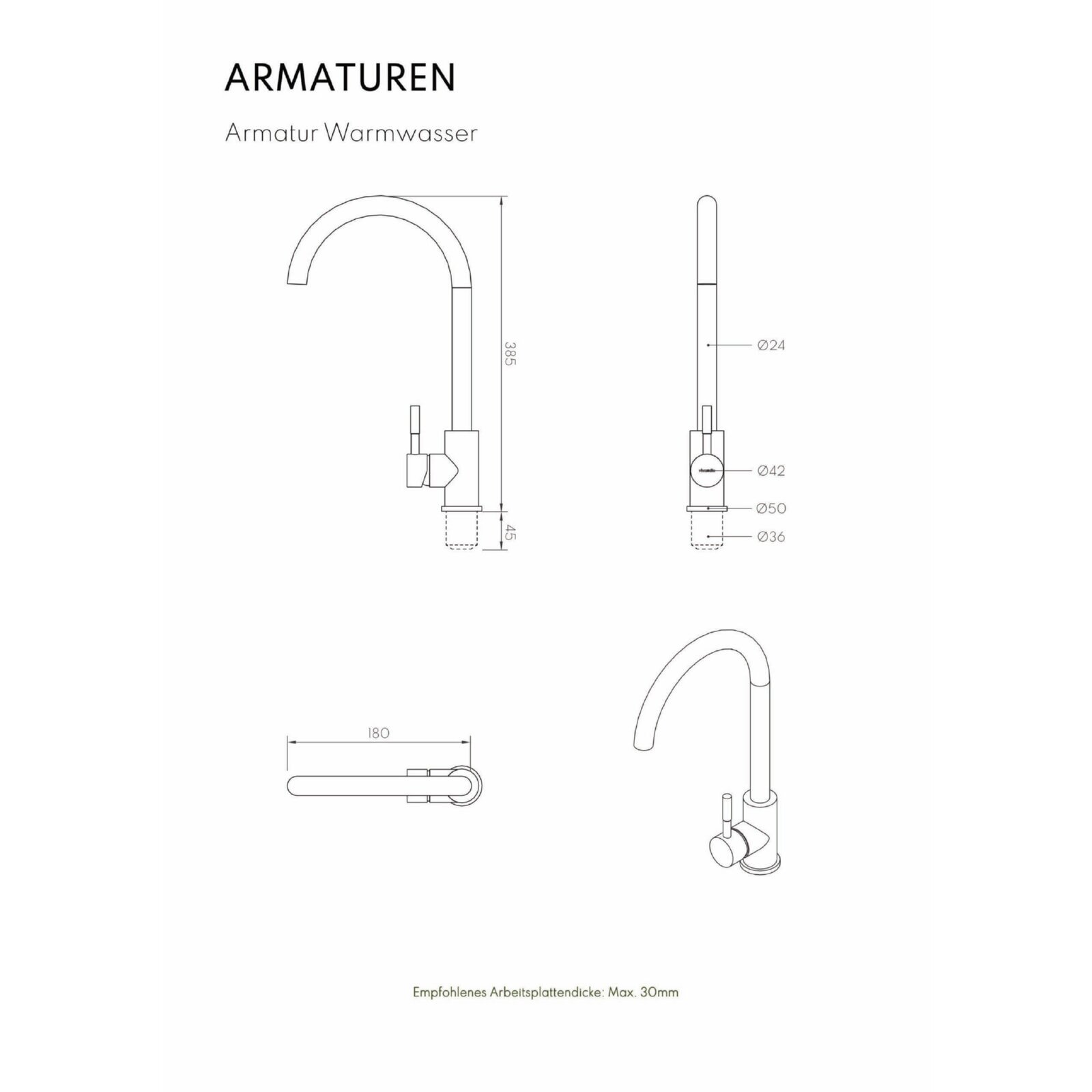 Vivandio Outdoor Spüle L mit Kalt- und Warmwasserarmatur (483 x 210 x 450 mm)