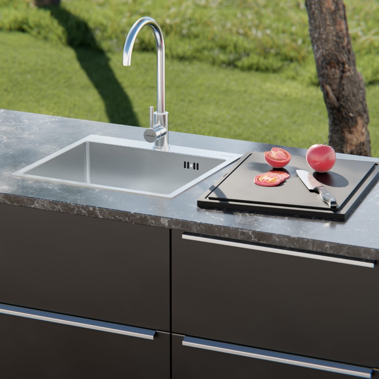 Vivandio Outdoor Spüle L mit Kalt- und Warmwasserarmatur (483 x 210 x 450 mm)