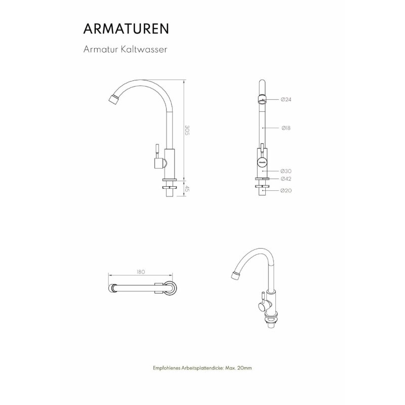 Vivandio Outdoor Spüle MA mit Kaltwasserarmatur (460 x 210 x 370 mm)