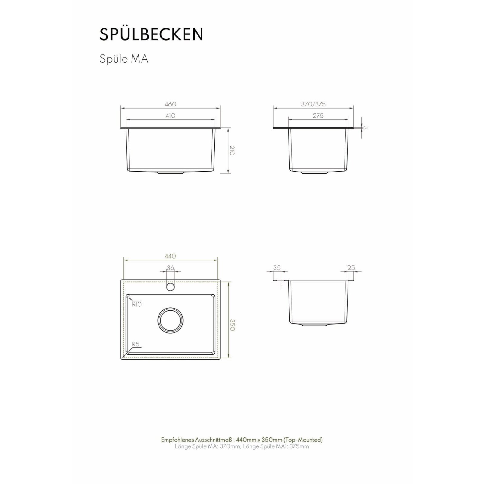 Vivandio Outdoor Spüle MA mit Kaltwasserarmatur (460 x 210 x 370 mm)