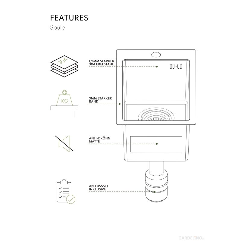 Vivandio Outdoor Spüle MB mit Kaltwasserarmatur für Gartenschlauch (310 x 210 x 520 mm)