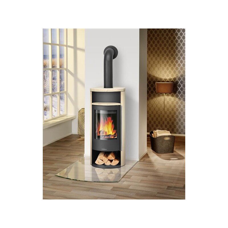 Ovaler Kaminofen Oranier Polar Neo 8 - 8 kW, Sandstein, Korpus Stahl Schwarz im Wohnzimmer