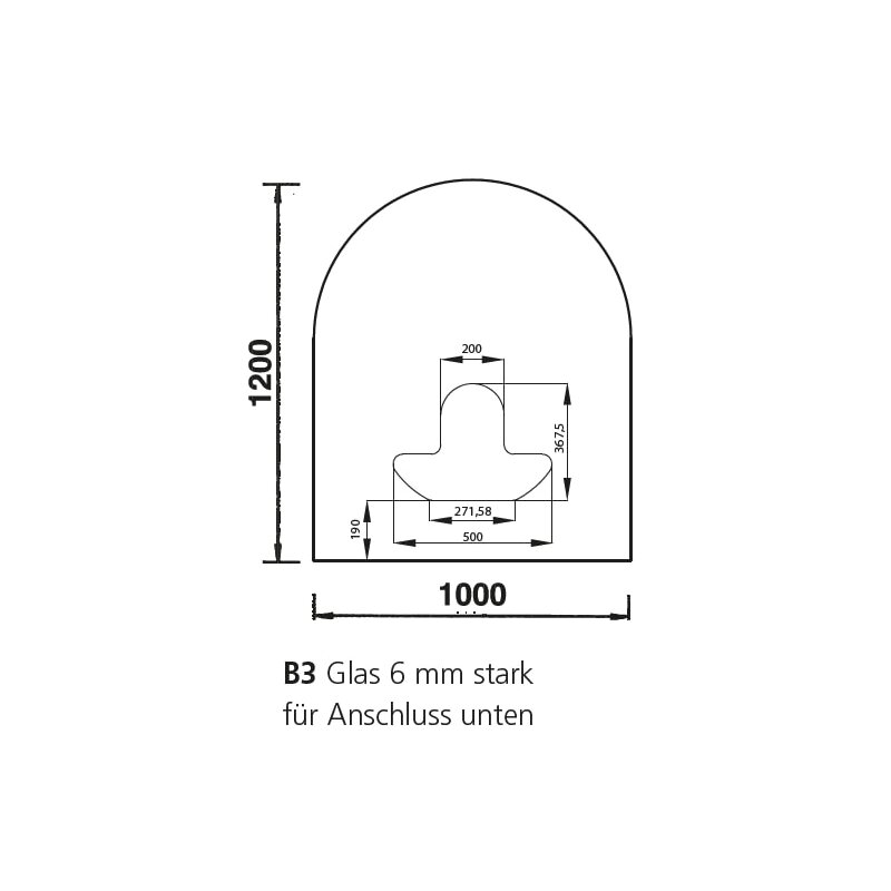 Bodenplatte B3 Glas 6mm - Rundbogen 1200 x 1000 mm für Anschluss unten