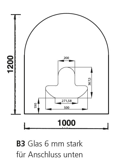 Bodenplatte B3 Glas 6mm - Rundbogen 1200 x 1000 mm für Anschluss unten