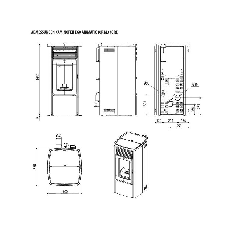 Pelletofen MCZ Ego Comfort Airmatic 10R M3 Core kanalisierbar (Anschluss hinten) - Maestro+ - 10 kW