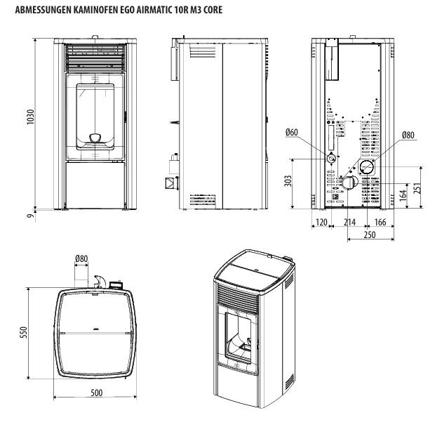 Pelletofen MCZ Ego Comfort Airmatic 10R M3 Core kanalisierbar (Anschluss hinten) - Maestro+ - 10 kW