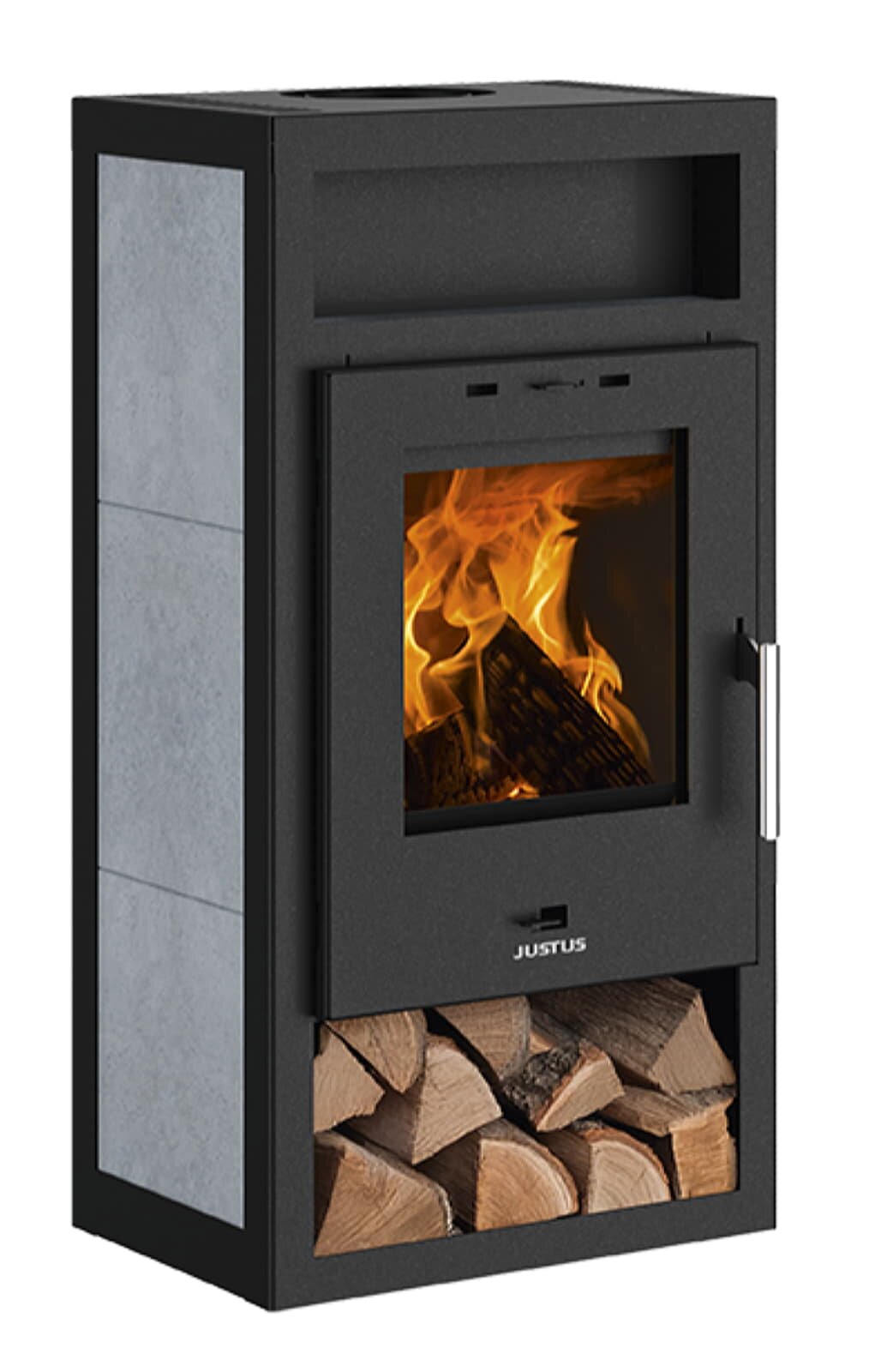 Kaminofen Justus Texas V - 6 kW - Stahl Schwarz - Specksteinkeramik grau