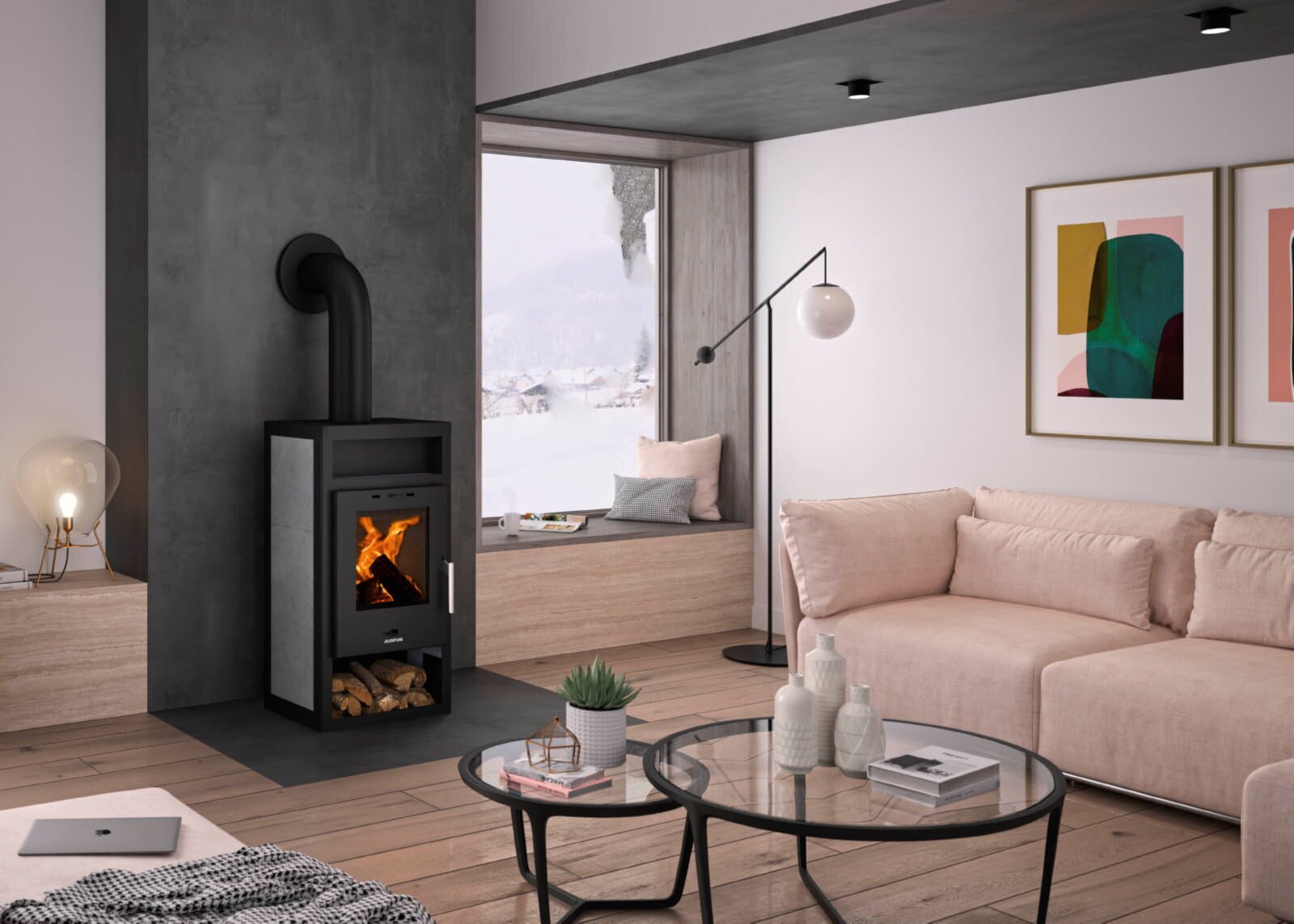 Kaminofen Justus Texas V - 6 kW - Stahl Schwarz - Specksteinkeramik grau