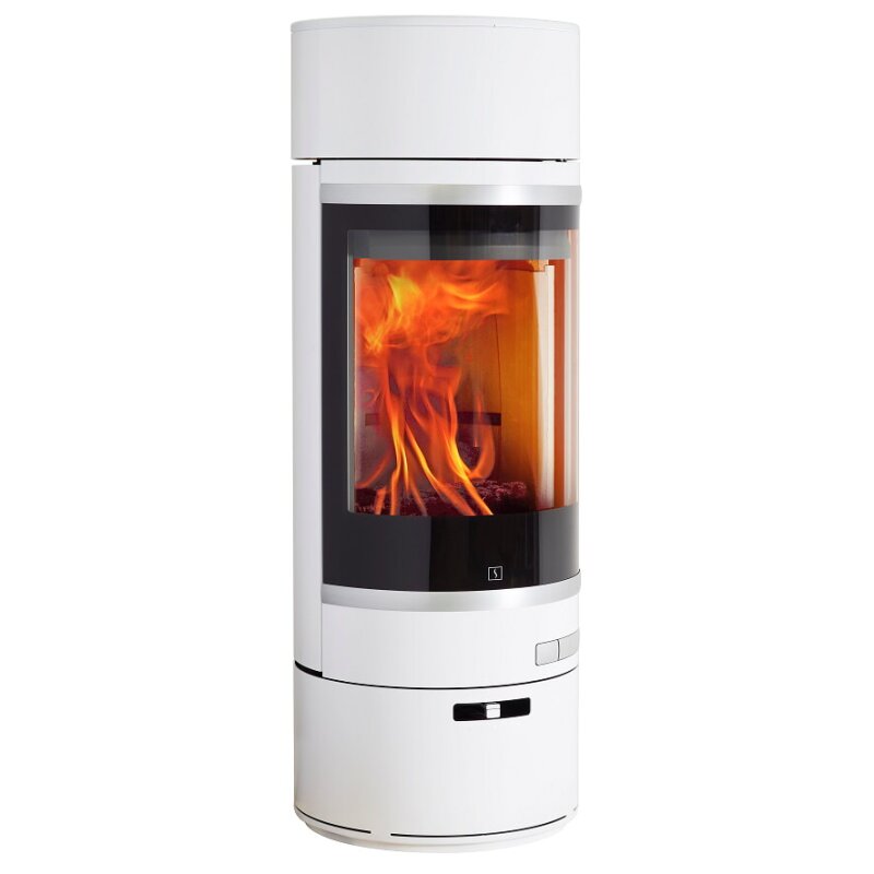 Kaminofen SCAN 85-2 GWH mit niedrigem Sockel + niedrigen Top, Griffe + Leisten Alu, Schamotte - 8 kW - Weiß