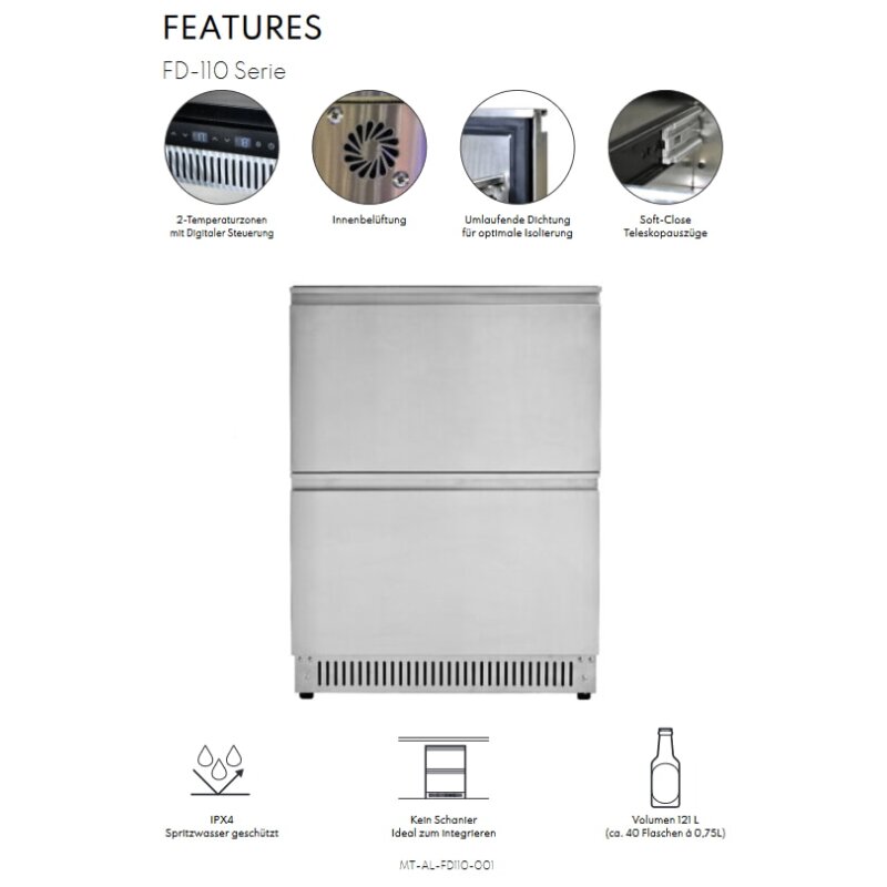 Vivandio Outdoor (Wein)kühlschrank mit Schubladen FD-110, 2 Zonen - Silber