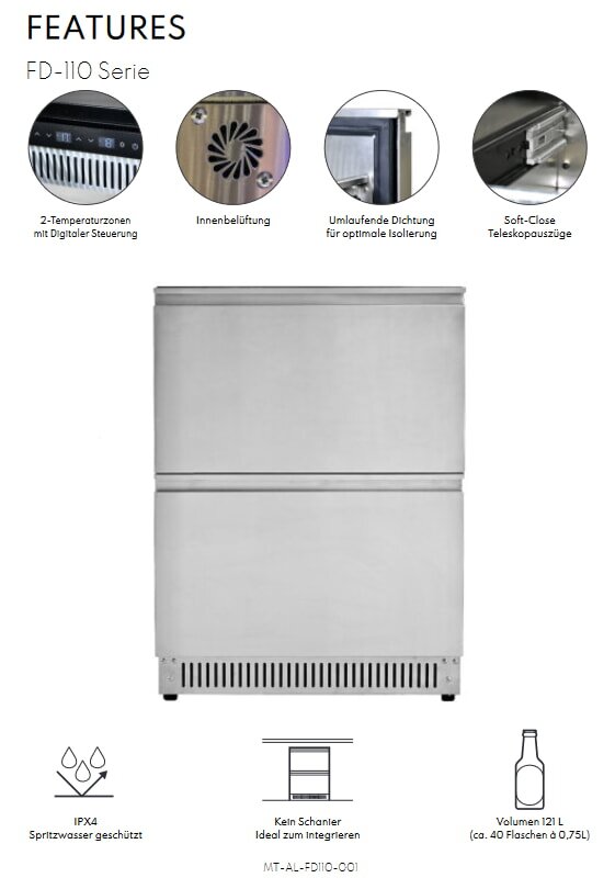 Vivandio Outdoor (Wein)kühlschrank mit Schubladen FD-110, 2 Zonen - Silber